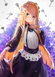  1girl abigail_williams_(fate/grand_order) absurdres bangs black_dress blonde_hair blue_eyes bow butterfly_hair_ornament closed_mouth collared_dress commentary_request dress fate/grand_order fate_(series) flower forehead grey_background hair_bow hair_ornament highres key keyhole long_hair long_sleeves looking_at_viewer parted_bangs puffy_long_sleeves puffy_sleeves purple_flower shirt skirt_hold smile solo sparkle very_long_hair wang_man white_bow white_shirt 