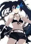  1girl absurdres belt bikini_top black_bikini_top black_gloves black_hair black_rock_shooter black_rock_shooter_(character) black_shorts blue_eyes breasts closed_mouth collarbone gloves glowing glowing_eye highres kamekiti long_hair looking_at_viewer navel scar shorts small_breasts solo twintails white_belt 