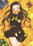  1girl absurdres alternate_costume arm_grab artist_name autumn autumn_leaves bag black_blouse black_skirt blouse box bread commentary dappled_sunlight eraser facing_viewer food from_above green_neckwear hair_ribbon highres kamado_nezuko kimetsu_no_yaiba kurorakudaaa long_hair long_sleeves looking_at_viewer lying miniskirt mouth_hold multicolored_hair neckerchief notebook on_back pencil pink_eyes pleated_skirt ribbon school_bag school_uniform serafuku signature skirt solo sunlight two-tone_hair uniform very_long_hair 