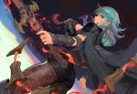  1girl armor black_shorts blue_eyes blue_hair byleth_(fire_emblem) byleth_eisner_(female) closed_mouth fire_emblem fire_emblem:_three_houses from_side highres holding holding_sword holding_weapon james_ghio pantyhose short_shorts shorts solo sword weapon 