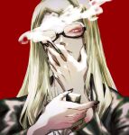  1boy 2016-514 absurdres black_jacket black_nails blonde_hair cigarette fate/grand_order fate_(series) highres holding holding_cigarette holding_lighter jacket lighter long_hair looking_at_viewer male_focus open_clothes open_jacket orange-tinted_eyewear red_background shirt simple_background smoke smoking solo sunglasses tezcatlipoca_(fate) tinted_eyewear upper_body white_shirt 