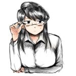  1girl big_breasts black_hair blush glasses hiromasajun komi-san_wa_komyushou_desu komi_shouko looking_away pencil_crayon_(medium) shirt simple_background sketch solo sweatdrop upper_body 