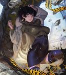  1girl arm_up bangs black_hair black_legwear blurry blurry_background bracelet breasts breasts_apart building covered_navel fubuki_(one-punch_man) fur_coat garter_straps jewelry looking_at_viewer medium_breasts necklace one-punch_man rubble short_hair solo teemu_rasinkangas thigh-highs yellow_eyes 