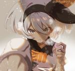  1girl blurry breasts breath collared_shirt dark_skin depth_of_field eyebrows_visible_through_hair grey_background grey_eyes hair_between_eyes hairband knee_pads knee_up looking_at_viewer medium_breasts pokemon pokemon_(game) pokemon_swsh saitou_(pokemon) shirt short_hair short_sleeves shuri_(84k) silver_hair simple_background solo sunlight sweat twitter_username upper_body 