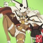  1girl absurdres beltbra breasts cape dark_skin groin guilty_gear guilty_gear_xrd hat highres long_hair looking_at_viewer muscle muscular_female navel orange_eyes ramlethal_valentine short_shorts shorts simple_background smile solo thigh_strap white_hair 