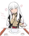  1girl banelon cake closed_eyes cup dated eating fire_emblem fire_emblem:_three_houses food fork fruit garreg_mach_monastery_uniform happy_birthday highres holding holding_fork long_hair long_sleeves lysithea_von_ordelia plate simple_background solo strawberry table teacup twitter_username uniform white_background white_hair 
