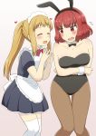  2girls alternate_costume animal_ears apron arms_under_breasts bangs bare_arms bare_shoulders black_leotard blonde_hair blue_shirt blue_skirt blush bow bowtie brown_legwear closed_eyes collarbone commentary_request cropped_legs crossed_arms detached_collar embarrassed enmaided eyebrows_visible_through_hair facing_another fake_animal_ears fingernails fingers_together gradient gradient_background heart highres inose_mai karigane_yuuma knees_together_feet_apart koisuru_asteroid leotard long_hair long_ponytail looking_at_another maid maid_apron maid_headdress multiple_girls open_mouth pantyhose purple_background red_eyes red_neckwear sakurai_mikage shirt short_sleeves skirt standing thigh-highs very_long_hair white_legwear 