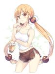  1girl arm_under_breasts bangs bare_arms bare_shoulders blush breast_hold breasts brown_eyes brown_hair brown_shorts bubble_tea collarbone commentary_request cropped_legs cup disposable_cup eyebrows_visible_through_hair hair_between_eyes hair_bobbles hair_ornament hatsunatsu holding holding_cup long_hair low_twintails medium_breasts midriff parted_lips short_shorts shorts solo twintails very_long_hair white_background white_camisole xiaoyuan_(you_can_eat_the_girl) you_can_eat_the_girl 