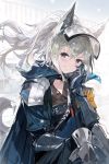  1girl andrian_gilang animal_ears arknights blush collarbone eyebrows_visible_through_hair grani_(arknights) grey_hair grin hair_between_eyes highres long_hair looking_at_viewer parted_lips ponytail smile solo tail violet_eyes wolf_ears wolf_tail 