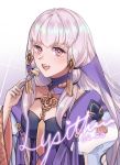  1girl artist_name character_name dated eating fire_emblem fire_emblem:_three_houses fork hair_ornament holding holding_fork kuurimuart long_hair long_sleeves lysithea_von_ordelia open_mouth pink_eyes simple_background solo upper_body white_hair 