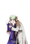  blush byleth_(fire_emblem) byleth_eisner_(male) cape circlet closed_eyes coat couple dannex009 dress fire_emblem fire_emblem:_three_houses green_hair hetero highres jewelry kiss long_hair long_sleeves lysithea_von_ordelia purple_dress sidelocks simple_background tassel tiara veil white_background white_cape white_hair 