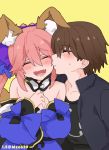  1boy 1girl animal_ears bare_shoulders blush brown_hair cheek_kiss closed_eyes detached_collar eyebrows_visible_through_hair fate_(series) fox_ears fox_tail hair_ribbon japanese_clothes kiss long_hair mzoo39 one_eye_closed open_mouth pink_hair ponytail ribbon short_hair simple_background tail tamamo_(fate)_(all) tamamo_no_mae_(fate) twitter_username 