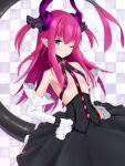 1girl bangs black_dress blue_eyes blush breasts curled_horns detached_sleeves dragon_girl dragon_horns dress elizabeth_bathory_(fate) elizabeth_bathory_(fate)_(all) eyebrows_visible_through_hair fate/extra fate/extra_ccc fate/grand_order fate_(series) hair_between_eyes horns long_hair long_sleeves long_tail looking_at_viewer mito_engine one_eye_closed pointy_ears ponytail purple_hair sidelocks small_breasts smile solo tail tail_raised very_long_hair white_sleeves