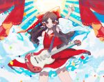  1girl arm_up blue_background blush bow brown_hair clouds confetti cowboy_shot curtains detached_sleeves electric_guitar frills grin guitar hair_bow hair_tubes hakurei_reimu highres instrument long_hair looking_at_viewer pointing pointing_up red_bow red_eyes red_shirt red_skirt shirt skirt smile solo sparkle sun sunburst takushiima touhou wide_sleeves wind yellow_neckwear 