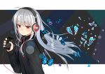  1girl absurdres bangs blush bug butterfly eyebrows_visible_through_hair flower headphones highres holding insect isutoon_(ist3129) long_hair long_sleeves looking_at_viewer original phone red_eyes silver_hair simple_background tears upper_body 