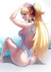  1girl alternate_hairstyle arm_up ass back bangs bare_arms bare_legs bare_shoulders blonde_hair blush breasts commentary_request competition_swimsuit day ereshkigal_(fate/grand_order) eyebrows_visible_through_hair fate/grand_order fate_(series) from_behind hair_up happymonk highleg highleg_swimsuit highres kneeling long_hair looking_at_viewer looking_back one-piece_swimsuit open_mouth outdoors ponytail poolside red_eyes sideboob solo swimsuit thighs very_long_hair wedgie 