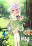  1girl :3 absurdres animal_ear_fluff animal_ears barefoot blush bug butterfly cat cat_ears cat_girl cat_teaser commentary_request dress forest green_dress highres insect legs long_hair moe2020 nature original outdoors silver_hair sitting smile sundress taku_michi tree violet_eyes 