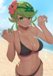  1girl beach bikini black_bikini blue_sky blush breasts closed_mouth clouds collarbone dark_skin eyebrows_visible_through_hair fang flower gatchan green_eyes green_hair hair_flower hair_ornament hands_up large_breasts long_hair looking_at_viewer mallow_(pokemon) ocean outdoors pokemon pokemon_(game) pokemon_sm sand sky smile solo swimsuit twintails 