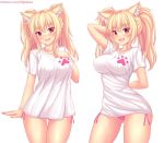 1girl animal_ear_fluff animal_ears ass_visible_through_thighs bangs blonde_hair blush breasts cat_ears english_commentary eyebrows_visible_through_hair fang fast-runner-2024 highres large_breasts long_hair looking_at_viewer no_pants open_mouth original panties pink_panties red_eyes shirt side-tie_panties slit_pupils solo t-shirt tiffy_(fast-runner-2024) tight_shirt twintails underwear 
