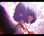  1girl ascot closed_mouth eyebrows_visible_through_hair ju-ok letterboxed looking_away no_hat no_headwear pointy_ears profile purple_hair red_eyes red_neckwear remilia_scarlet short_hair smile solo touhou upper_body 