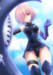  1girl armor armored_leotard armpits ass_visible_through_thighs bangs bare_shoulders bare_thighs black_armor black_gloves black_legwear blue_sky breastplate clouds commentary_request cowboy_shot elbow_gloves eyebrows_visible_through_hair fate/grand_order fate_(series) faulds from_below glint gloves groin hair_over_one_eye hand_up hanzou highres holding_shield knee_pads lavender_hair lens_flare looking_at_viewer mash_kyrielight purple_gloves shield shiny shiny_clothes short_hair sidelocks single_thighhigh sky smile solo sparkle standing sunlight thigh-highs thigh_strap two-tone_gloves violet_eyes wrist_guards 