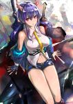  1girl arknights bangs bare_shoulders black_shorts blue_hair blue_jacket breasts ch&#039;en_(arknights) commentary_request feet_out_of_frame hair_between_eyes horns jacket large_breasts long_hair long_sleeves looking_at_viewer low_twintails navel necktie off_shoulder parted_lips partial_commentary pink_eyes shirt short_shorts shorts sidelocks sitting sleeveless sleeveless_shirt solo thighs twintails uenoryoma white_shirt yellow_neckwear 