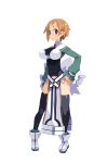  1girl :o ascot black_legwear blue_eyes boots breasts brooch disgaea disgaea_rpg earrings full_body hand_on_hip jewelry large_breasts light_brown_hair long_sleeves looking_at_viewer magic_knight_(disgaea) official_art pelvic_curtain pointy_ears short_hair solo standing stud_earrings thigh-highs transparent_background turtleneck white_footwear 