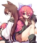  2girls animal_ears black_footwear black_shirt blue_bow boots bow brown_hair brown_skirt cloak commentary_request covered_mouth disembodied_head dress fang hair_bow imaizumi_kagerou isu_(is88) knees_up long_hair long_sleeves miniskirt multiple_girls open_mouth red_eyes redhead sekibanki shirt short_hair simple_background sitting skin_fang skirt sleeping smile tail touhou white_background white_dress wolf_ears wolf_tail 