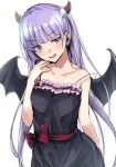  1girl :d bangs black_dress black_wings blush bow character_request collarbone demon_wings dress eyebrows_visible_through_hair highres long_hair looking_at_viewer off-shoulder_dress off_shoulder open_mouth purple_hair red_bow shiny shiny_hair simple_background sketch sleeveless sleeveless_dress smile solo standing twintails very_long_hair violet_eyes white_background wings yuhito_(ablbex) 