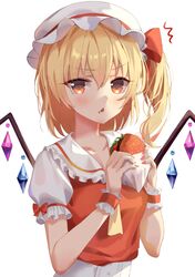  /\/\/\ 1girl arms_up blonde_hair collarbone commentary_request cravat eyebrows_visible_through_hair fingernails flandre_scarlet food food_on_face hair_between_eyes hamburger hat hat_ribbon holding holding_food light_blush looking_at_viewer mob_cap nail_polish one_side_up partial_commentary puffy_short_sleeves puffy_sleeves red_eyes red_nails red_vest ribbon shaffelli shirt short_hair short_sleeves sidelighting simple_background solo touhou triangle_mouth upper_body vest white_background white_headwear white_shirt wings wrist_cuffs yellow_neckwear 