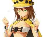  1girl alternate_color beltbra breasts brown_hair cape closed_mouth dark_skin graphite_(medium) guilty_gear guilty_gear_xrd hat long_hair looking_at_viewer player_2 ramlethal_valentine simple_background solo traditional_media white_background zaki_(narashigeo) 