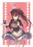  1girl ;) apron black_shirt black_skirt brown_hair character_request closed_mouth dress_shirt floating_hair fork frilled_apron frilled_skirt frills hair_ornament holding holding_fork holding_plate kistina leaning_forward long_hair looking_at_viewer maid medium_skirt one_eye_closed pandora_hearts plate red_background shiny shiny_hair shirt side_ponytail skirt smile solo standing thigh-highs very_long_hair violet_eyes waist_apron white_apron white_background white_legwear 