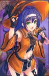  1girl belt black_gloves blue_hair fingerless_gloves fire_emblem fire_emblem:_path_of_radiance fire_emblem_heroes fuussu_(21-kazin) gloves green_eyes halloween_costume hat highres holding long_hair mia_(fire_emblem) midriff navel open_mouth solo wide_sleeves witch_hat 