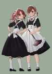  2girls alternate_costume alternate_hairstyle apron black_dress brown_eyes brown_hair commentary_request dress duster enmaided full_body grey_background hair_bun highres kneehighs long_hair maid maid_headdress mary_janes misaka_mikoto multiple_girls naguramu shirai_kuroko shoes short_hair simple_background socks to_aru_kagaku_no_railgun to_aru_majutsu_no_index twintails white_apron white_legwear 