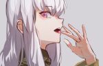  1girl eating fire_emblem fire_emblem:_three_houses from_side grey_background highres long_hair long_sleeves looking_to_the_side lysithea_von_ordelia oone0206 open_mouth pink_eyes simple_background solo upper_body white_hair 