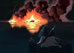  blonde_hair explosion fire garrison_cap hat kantai_collection long_hair looking_away ocean partially_submerged porusasu rigging sinking smoke u-511_(kantai_collection) water 