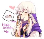  1girl cake closed_eyes dated eating fire_emblem fire_emblem:_three_houses food fork hair_ornament happy_birthday holding holding_fork long_hair lysithea_von_ordelia naho_(pi988y) simple_background solo twitter_username upper_body white_background white_hair 
