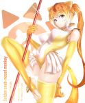  1girl akegata_tobari animal_ears anklet blonde_hair bracelet breasts character_name circlet closed_mouth commentary_request covered_navel elbow_gloves english_text eyebrows_visible_through_hair gloves golden_snub-nosed_monkey_(kemono_friends) gradient_hair holding impossible_clothes impossible_leotard japari_symbol jewelry kemono_friends latin_text leg_up legs leotard long_hair looking_at_viewer medium_breasts monkey_ears monkey_tail multicolored_hair orange_hair ponytail sidelocks skindentation skirt sleeveless smile solo sparkle standing tail thigh-highs toenail_polish white_skirt yellow_gloves yellow_legwear yellow_leotard yellow_nails 