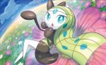  creature day flower full_body gen_5_pokemon grass green_hair long_hair looking_at_viewer meloetta meloetta_(aria) nagimiso no_humans official_art outdoors pokemon pokemon_(creature) pokemon_trading_card_game solo third-party_source 