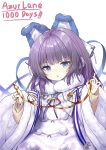  1girl absurdres animal_ears azur_lane blue_eyes blush dress earmuffs eyebrows_visible_through_hair fake_animal_ears fur_trim hair_ornament hair_ribbon highres long_hair long_sleeves looking_at_viewer pg_(pege544) purple_hair ribbon solo sweater tashkent_(azur_lane) very_long_hair white_coat winter_clothes 