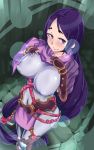  1girl bangs black_gloves bodysuit breasts covered_navel covered_nipples curvy fate/grand_order fate_(series) fingerless_gloves gloves highres large_breasts loincloth long_hair looking_at_viewer low-tied_long_hair minamoto_no_raikou_(fate/grand_order) parted_bangs purple_bodysuit purple_hair ribbed_sleeves rope solo very_long_hair violet_eyes zetsu_(zyej5442) 