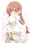  ! 1girl blush breasts brown_eyes brown_hair eyebrows_visible_through_hair hair_between_eyes jewelry kantai_collection large_breasts long_hair long_sleeves midriff military military_uniform naval_uniform neckerchief ooi_(kantai_collection) parted_lips remodel_(kantai_collection) ring rui_shi_(rayze_ray) sailor_collar school_uniform serafuku sleeves_past_fingers sleeves_past_wrists solo spoken_exclamation_mark uniform upper_body wedding_band white_neckwear yellow_sailor_collar 