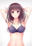  1girl absurdres armpits arms_behind_head bangs bikini bikini_top blush breasts brown_hair collarbone eyebrows_visible_through_hair halterneck highres karikura_(atatata71) long_hair looking_at_viewer navel open_mouth original purple_bikini shiny shiny_hair sideboob solo swimsuit upper_body violet_eyes white_background 