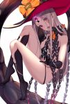  1girl abigail_williams_(fate/grand_order) absurdres bangs black_bow black_headwear black_panties blonde_hair blush bow breasts fate/grand_order fate_(series) feet forehead glowing glowing_eye hat highres jun_(540000000000000) keyhole legs long_hair looking_at_viewer multiple_bows open_mouth orange_bow panties parted_bangs polka_dot polka_dot_bow red_eyes simple_background solo third_eye underwear white_background witch_hat 