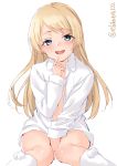  1girl alternate_costume blonde_hair blue_eyes blush ebifurya eyebrows_visible_through_hair feet_out_of_frame heart highres jervis_(kantai_collection) kantai_collection long_hair long_sleeves open_clothes open_mouth open_shirt pom_pom_(clothes) revision shirt simple_background smile solo spoken_heart twitter_username white_background white_shirt 