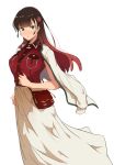  1girl bag bangs black_hair breasts buttons character_request copyright_request flower gradient_hair green_eyes hair_flower hair_ornament highres jacket jacket_on_shoulders large_breasts long_hair long_skirt looking_at_viewer multicolored_hair open_mouth red_shirt redhead shirt shoulder_bag simple_background skirt solo tokiwa_midori_(kyokutou_funamushi) white_background white_jacket white_skirt 