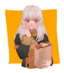  1girl bag closed_mouth doughnut fire_emblem fire_emblem:_three_houses food garreg_mach_monastery_uniform holding long_hair long_sleeves lysithea_von_ordelia maroni_irir paper_bag pink_eyes simple_background solo uniform upper_body white_hair 