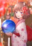  absurdres animal_ears bangs blurry blurry_background blush brown_hair depth_of_field eyebrows_visible_through_hair facial_mark fang flower hair_flower hair_ornament highres holding isutoon_(ist3129) japanese_clothes kimono looking_at_viewer obi open_mouth original outdoors print_kimono sash short_hair smile solo violet_eyes wide_sleeves 