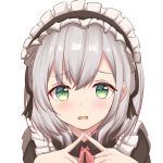  1girl absurdres bangs black_dress blush braid dress eyebrows_visible_through_hair fingers_together green_eyes highres hololive looking_at_viewer maid_dress shirogane_noel short_hair silver_hair simple_background solo upper_body virtual_youtuber wavy_mouth white_background 