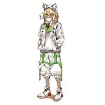  1girl animal_ears blonde_hair dark_skin fake_animal_ears guilty_gear hair_between_eyes hands_in_pockets highres jacket long_hair orange_eyes pants pants_rolled_up roas01b shoes signature simple_background sneakers solo standing white_background white_jacket zipper zipper_pull_tab 